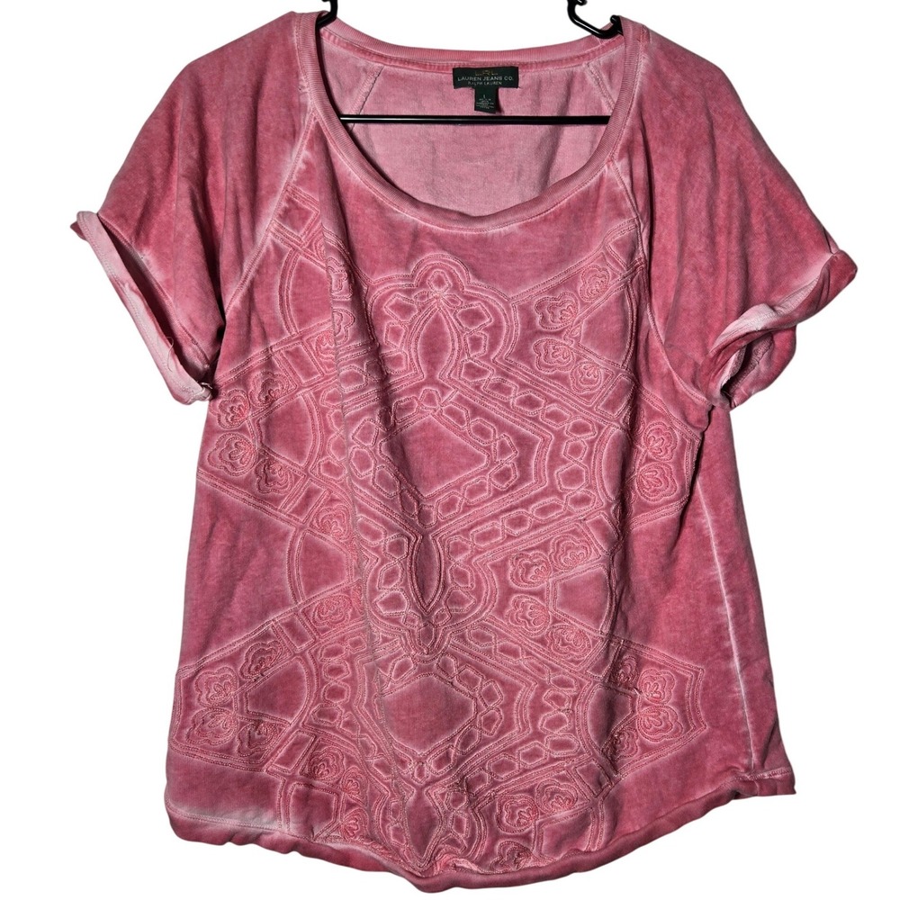 Lauren Ralph Lauren Pink Acid Wash Embroidered Medallion Top Large Boho Casual